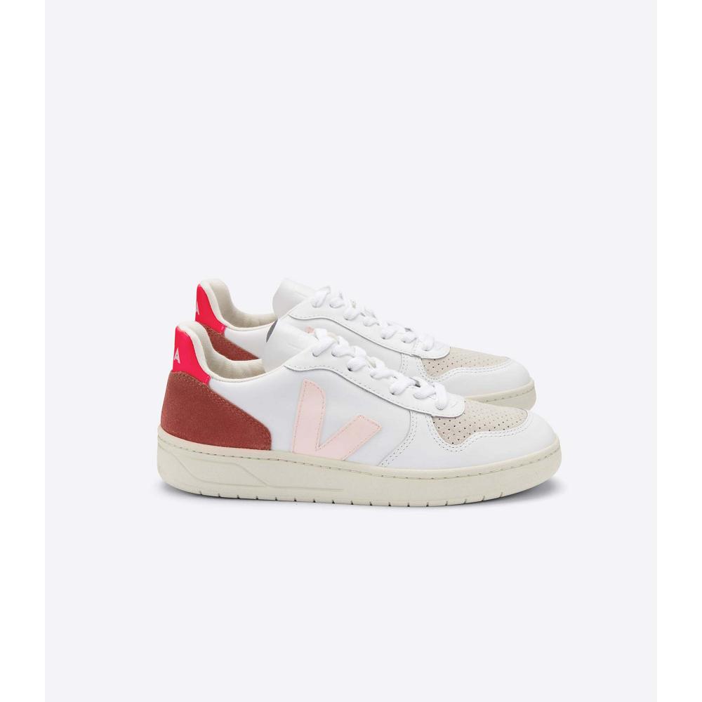 Women\'s Veja V-10 LEATHER Sneakers White/Red | ZA 639BEX